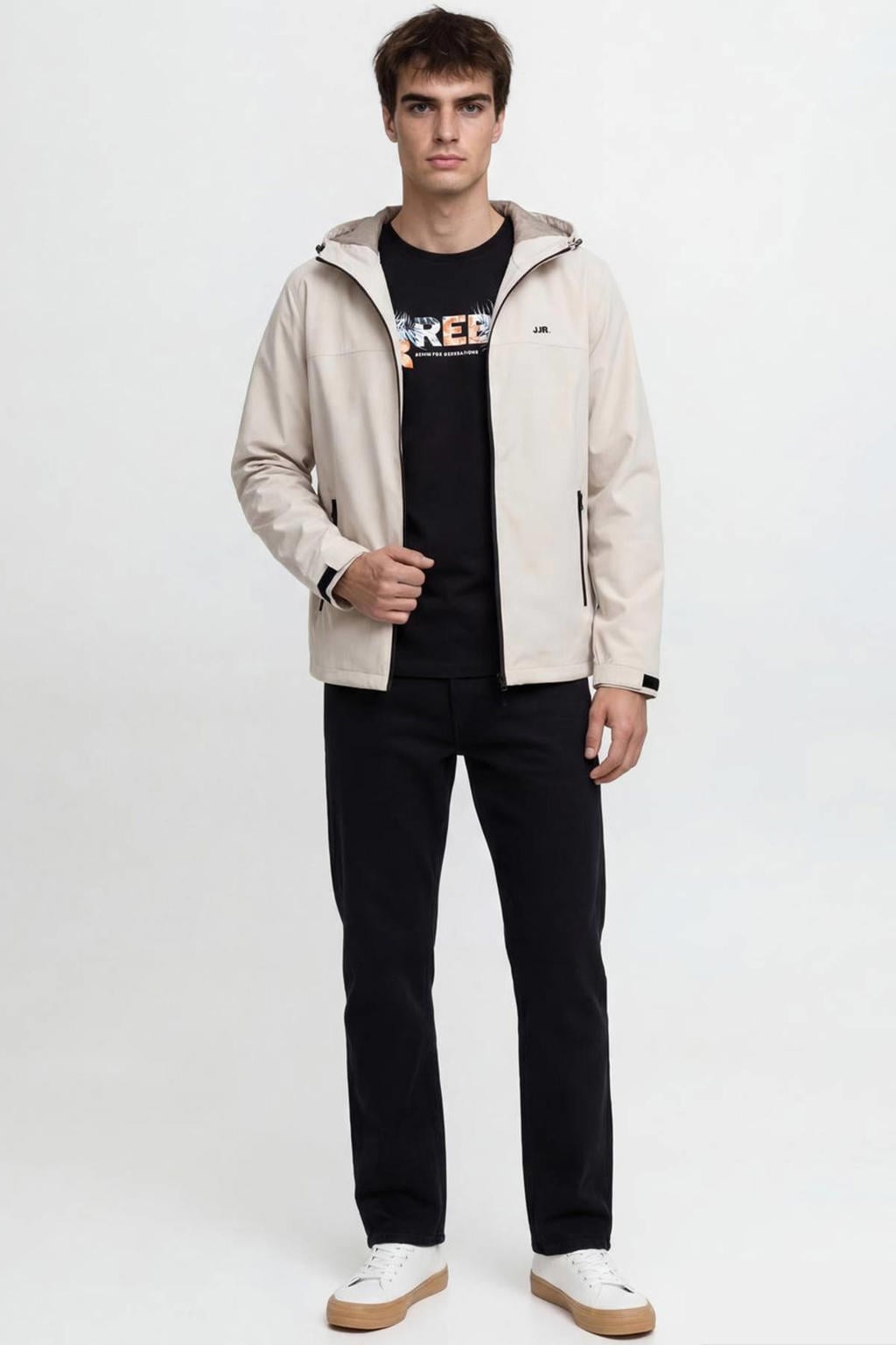 Beige heren JJ REBEL zomerjas van polyester met effen, lange mouwen, capuchon en ritssluiting