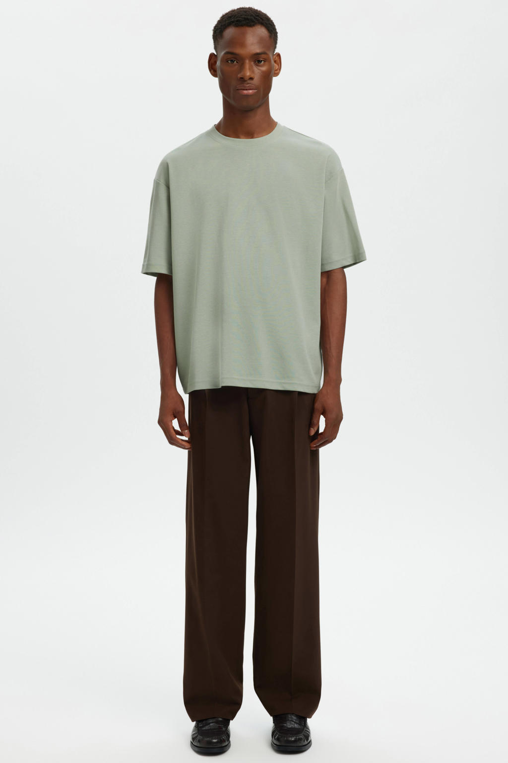 Groene heren Selected oversized T-shirt van katoen met effen, korte mouwen en ronde hals