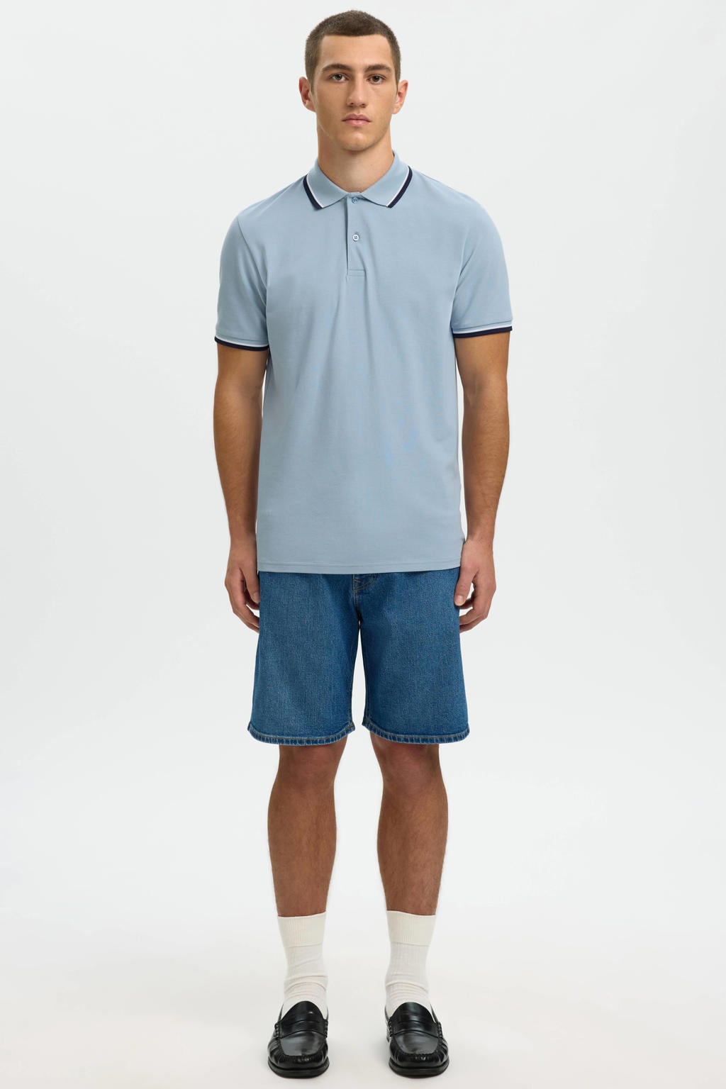 Lichtblauwe heren Selected slim polo van stretchkatoen met effen, korte mouwen en contrast bies