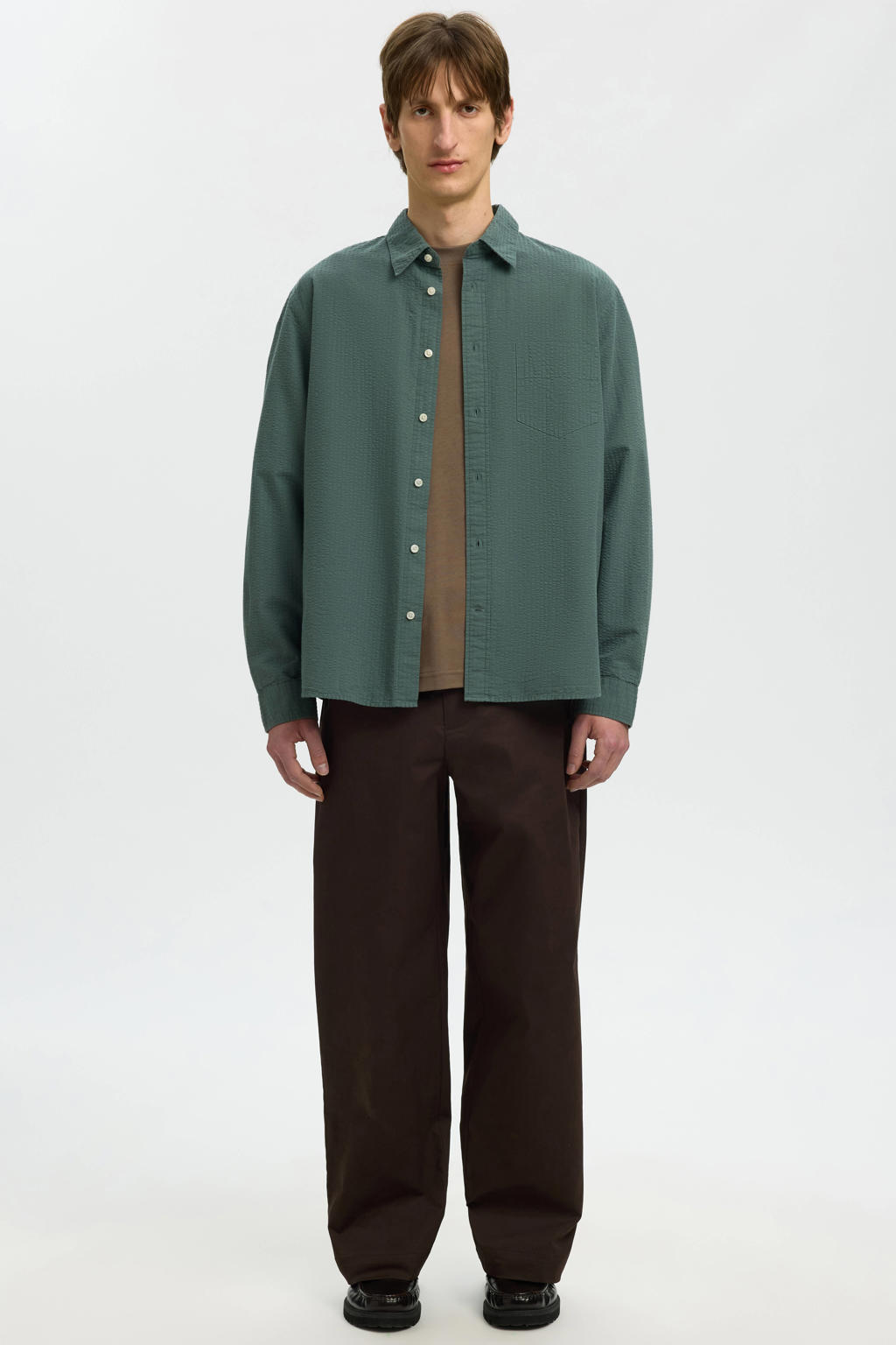 Groene heren Selected regular casual overhemd seersucker van katoen met effen, lange mouwen, klassieke kraag en knoopsluiting