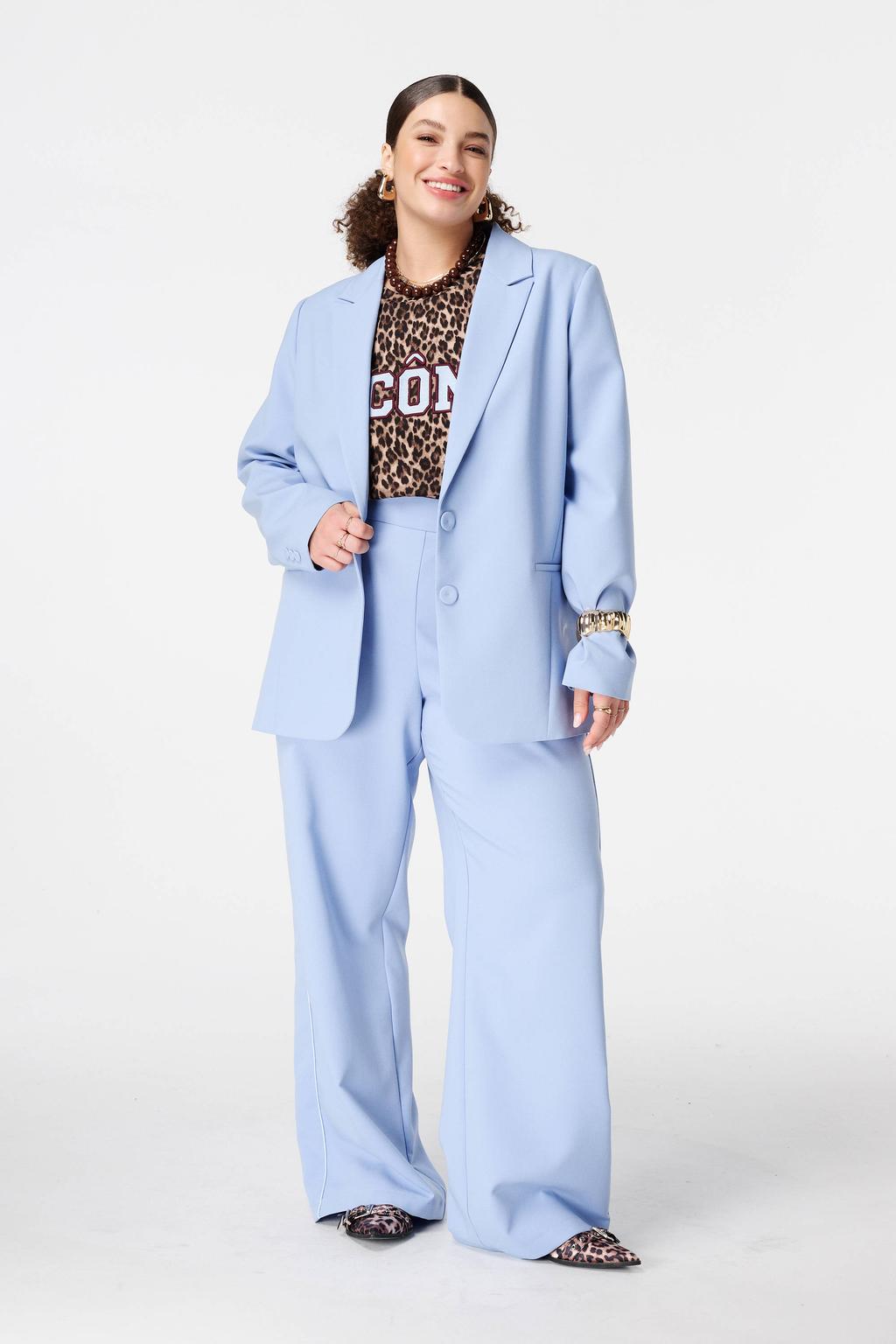 Lichtblauwe dames MS Mode oversized blazer van polyester met effen, lange mouwen, klassieke kraag en knoopsluiting