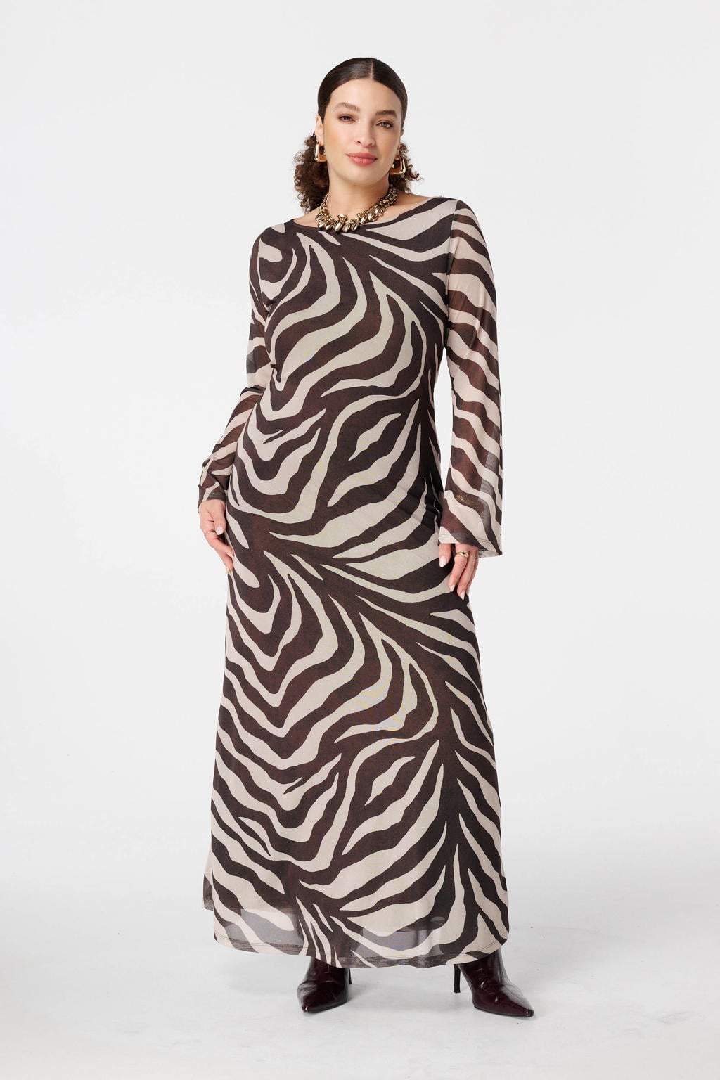 Beige en bruine dames MS Mode maxi jurk van polyester met dierenprint, lange mouwen en klassieke kraag