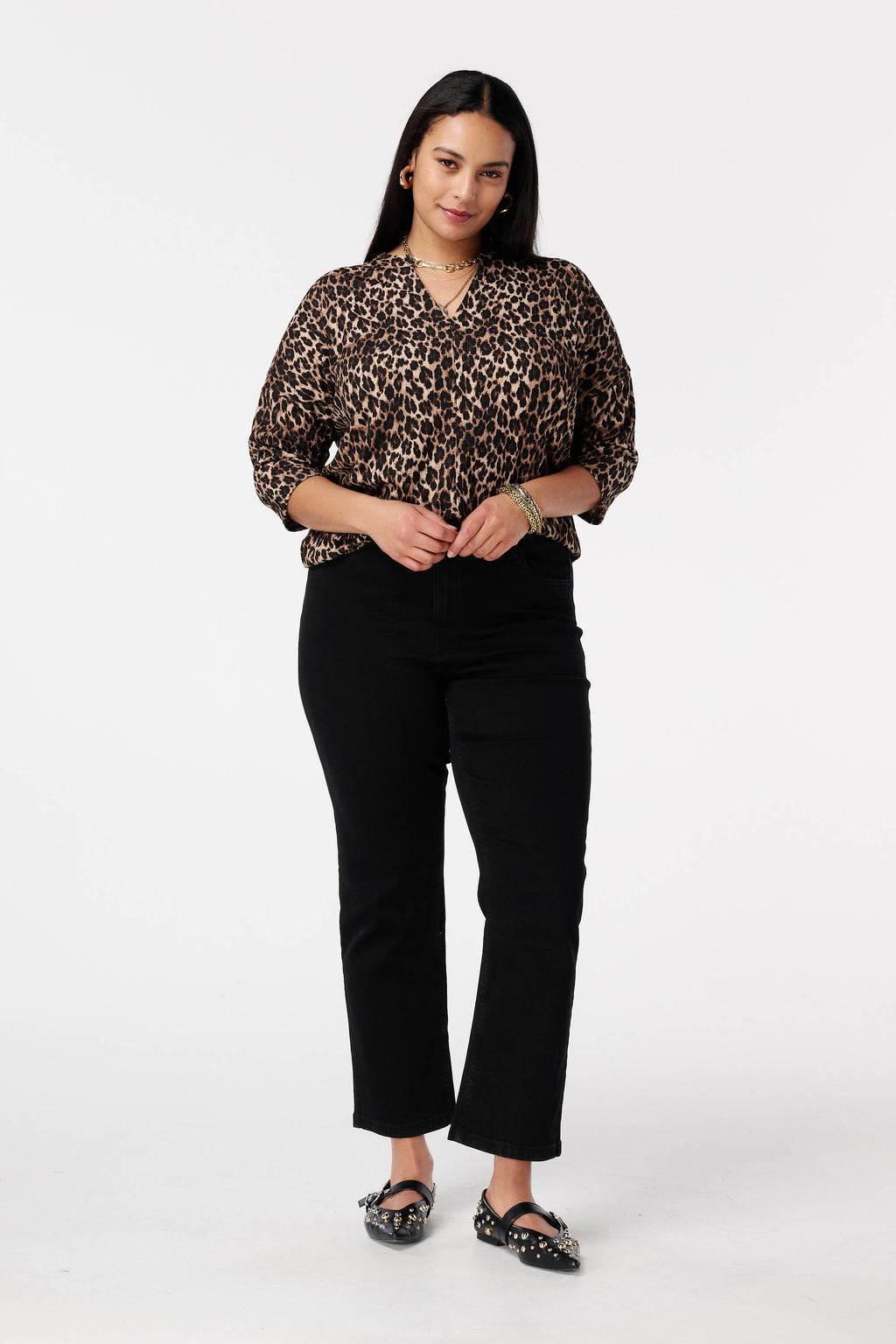 Bruin, beige en zwarte dames MS Mode top van polyester met driekwart mouwen en klassieke kraag