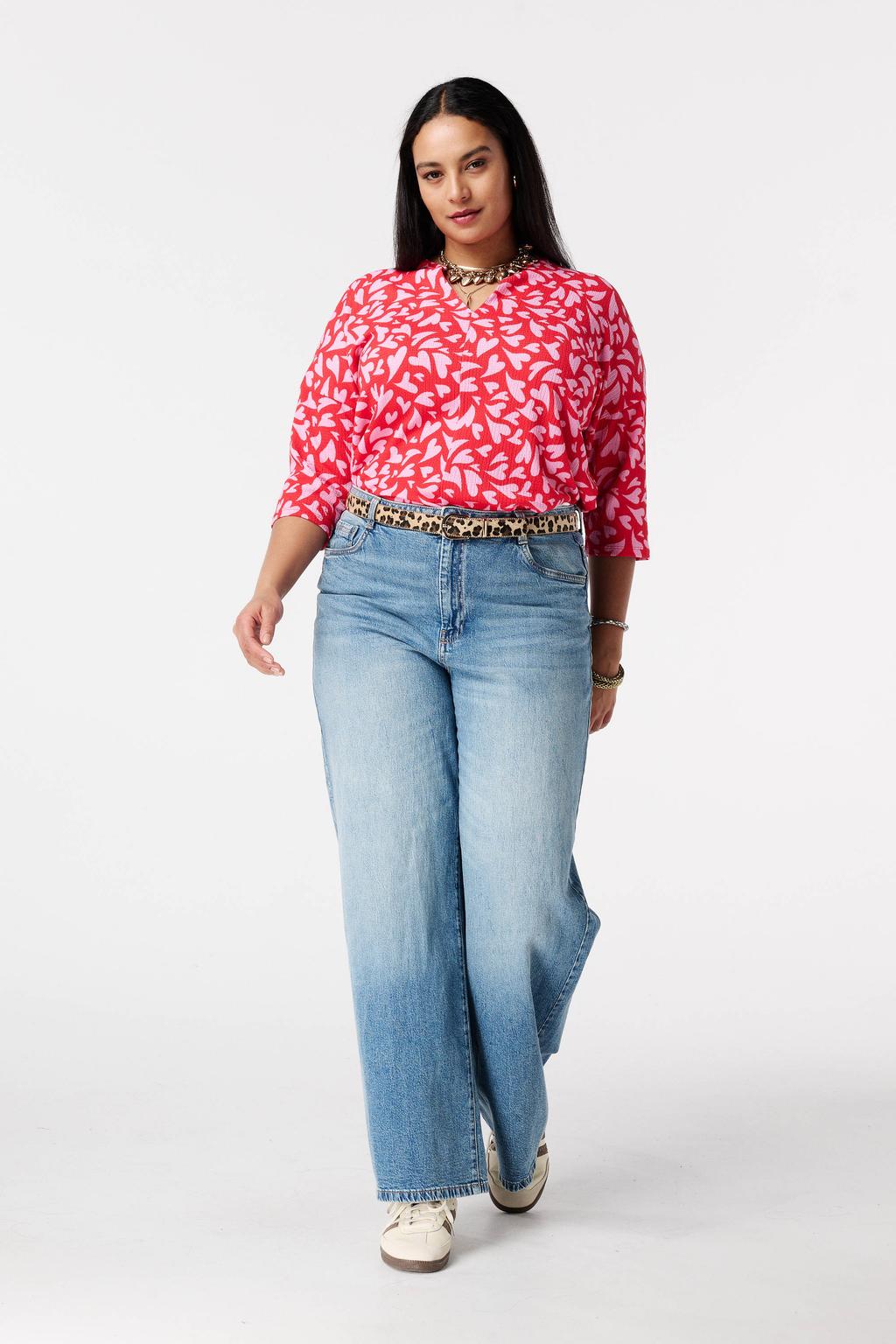 Rood, roze en lichtroze dames MS Mode top van polyester met driekwart mouwen en klassieke kraag