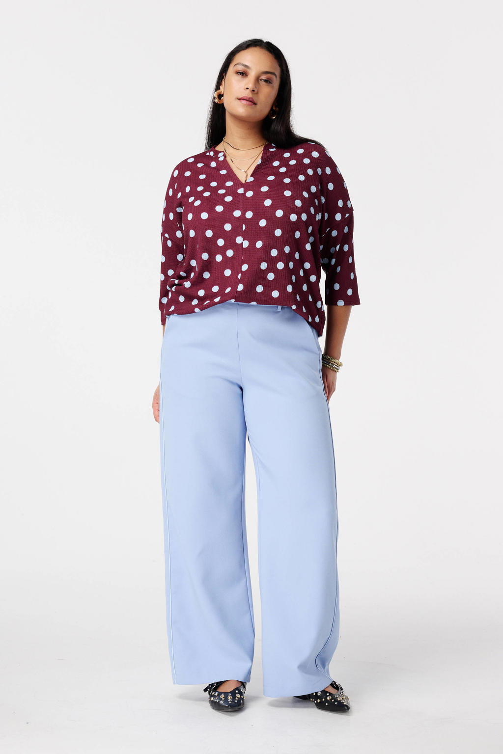 Donkerrood en blauwe dames MS Mode top van polyester met driekwart mouwen en klassieke kraag