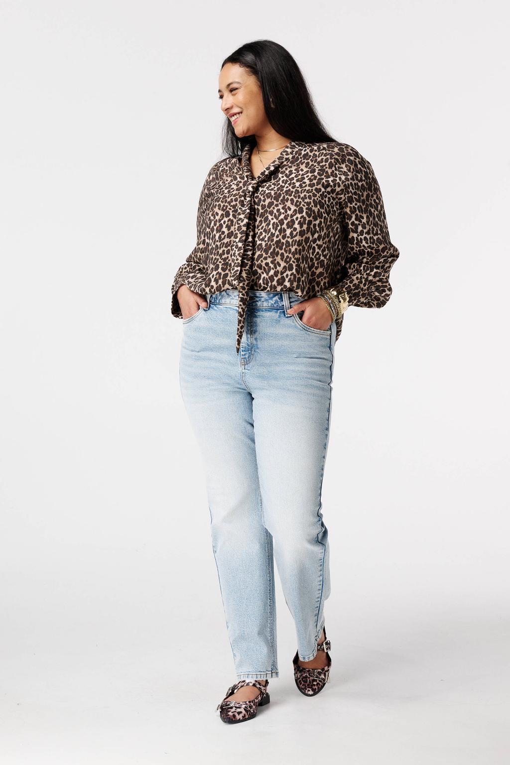 Bruin, zwart en beige dames MS Mode blouse van viscose met dierenprint, lange mouwen, klassieke kraag en knoopsluiting