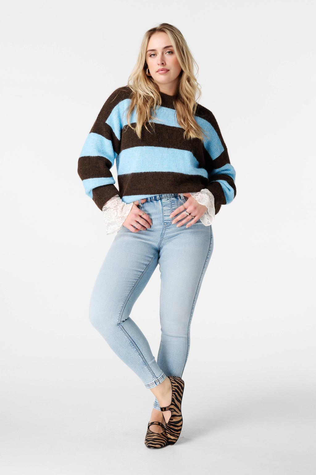 Light blue denim dames MS Mode high waist skinny jeans van denim met rits- en knoopsluiting en effen