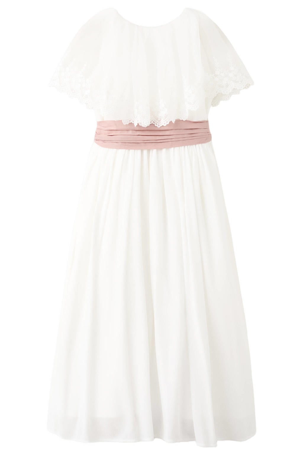 Wit en roze meisjes Mango Kids maxi jurk van viscose met effen, korte mouwen, boothals, knoopsluiting en kant