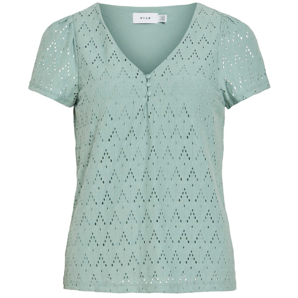 Turquoise dames VILA top broderie van polyester met effen, lange mouwen en V-hals