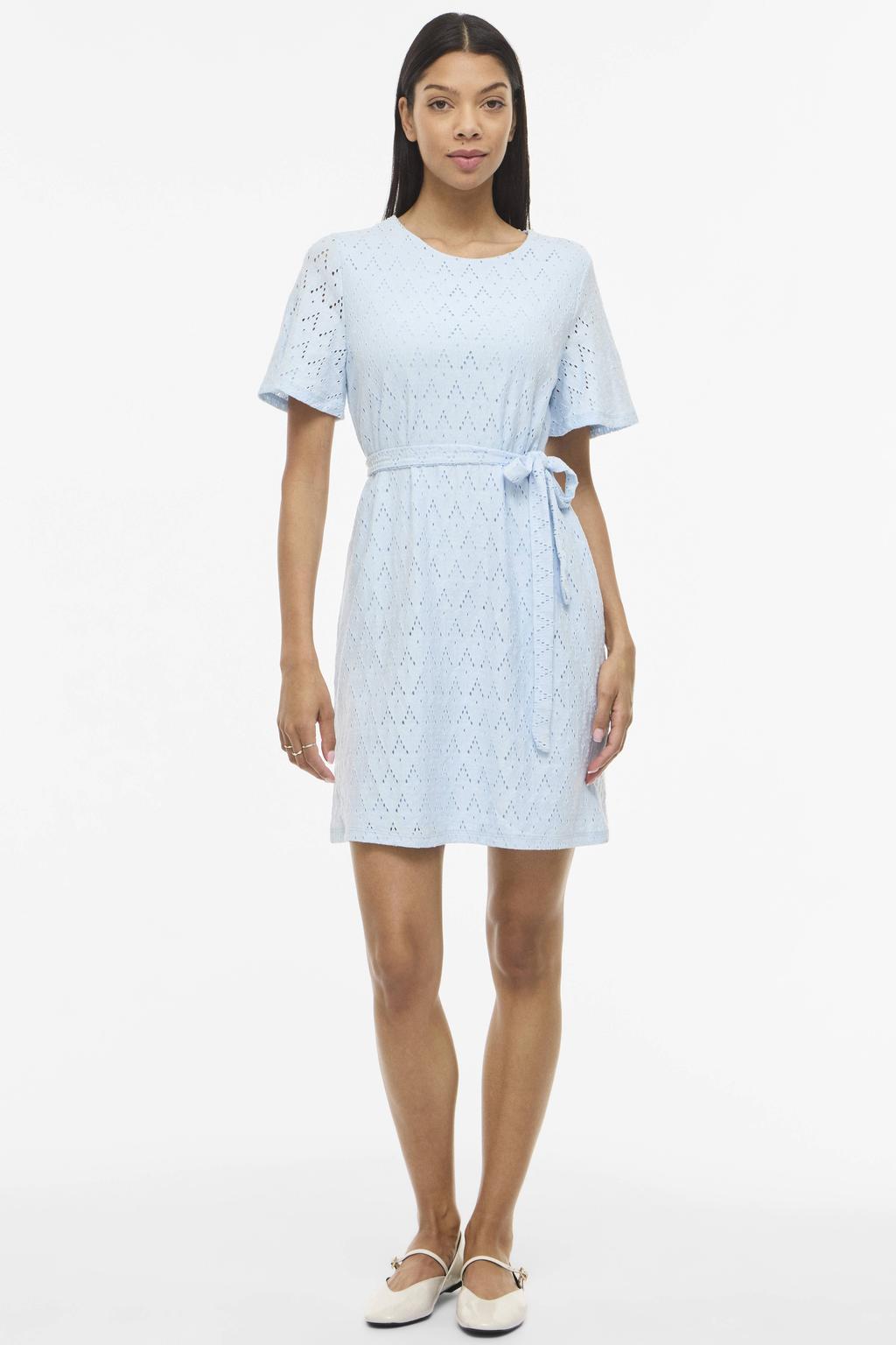 dames VILA mini jurk broderie van polyester met effen, korte mouwen en ronde hals