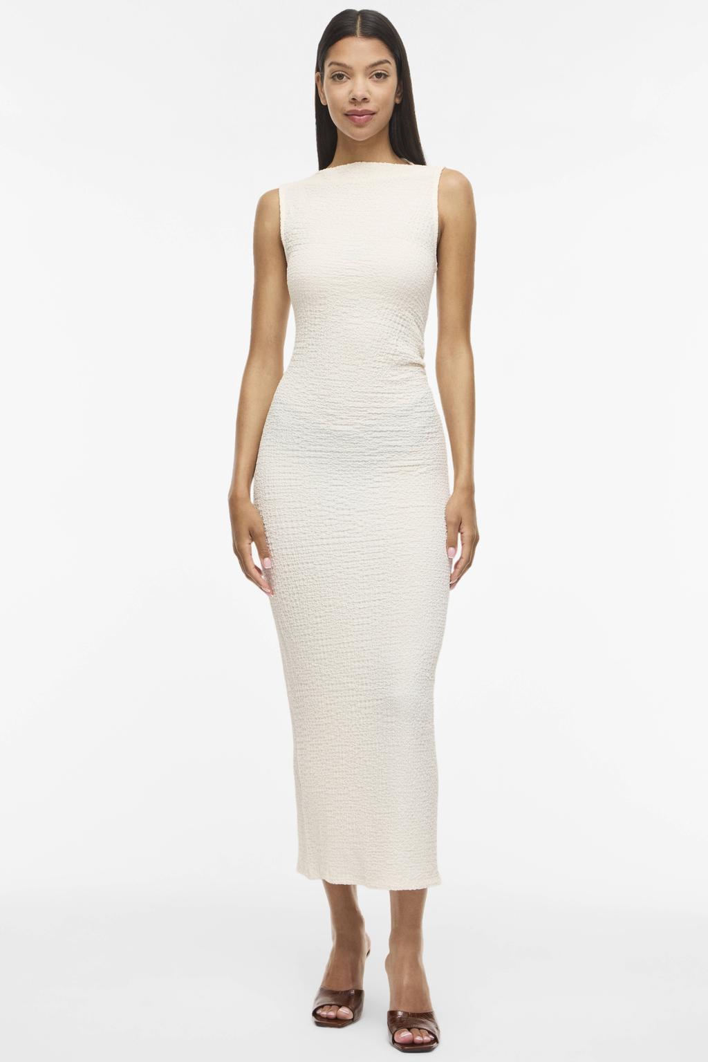 Ecru dames VILA midi jurk van polyester met effen en boothals