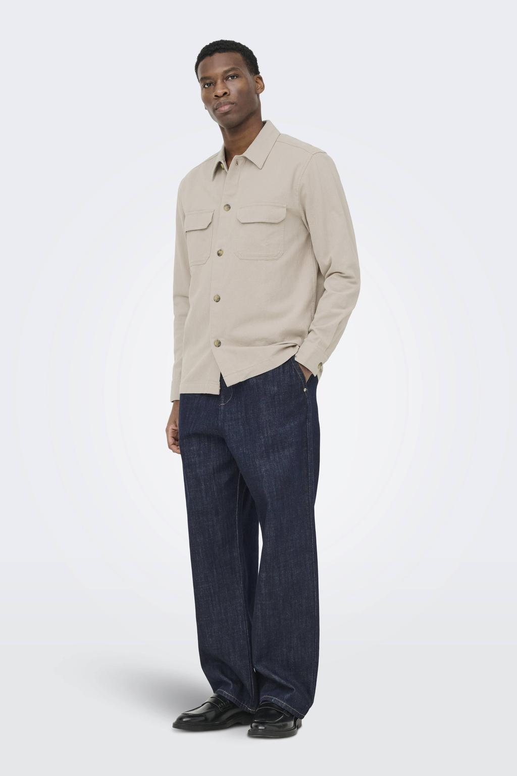 Beige heren ONLY & SONS regular casual overhemd van linnen met effen, lange mouwen, klassieke kraag en knoopsluiting