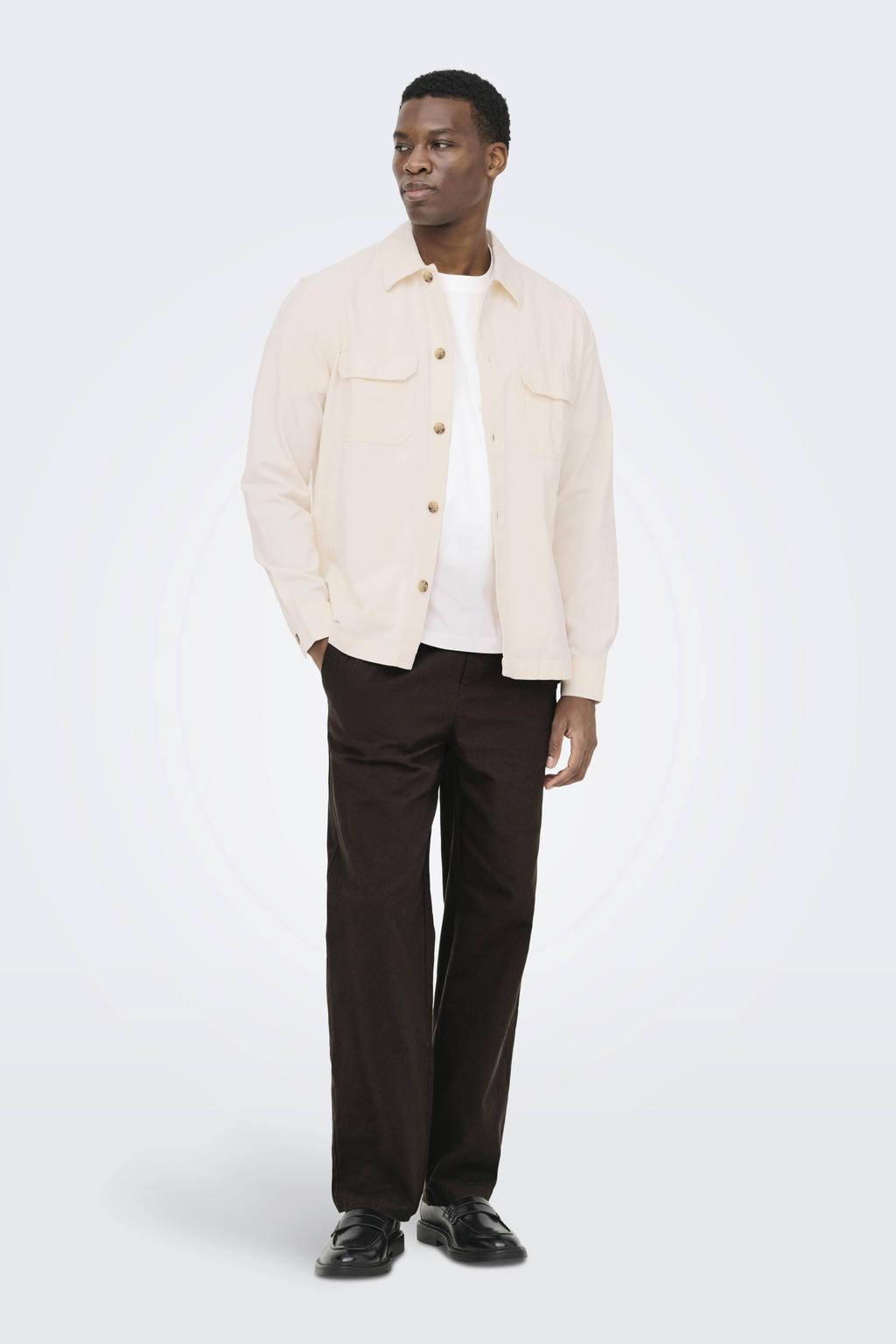 Ecru heren ONLY & SONS regular casual overhemd van linnen met effen, lange mouwen, klassieke kraag en knoopsluiting