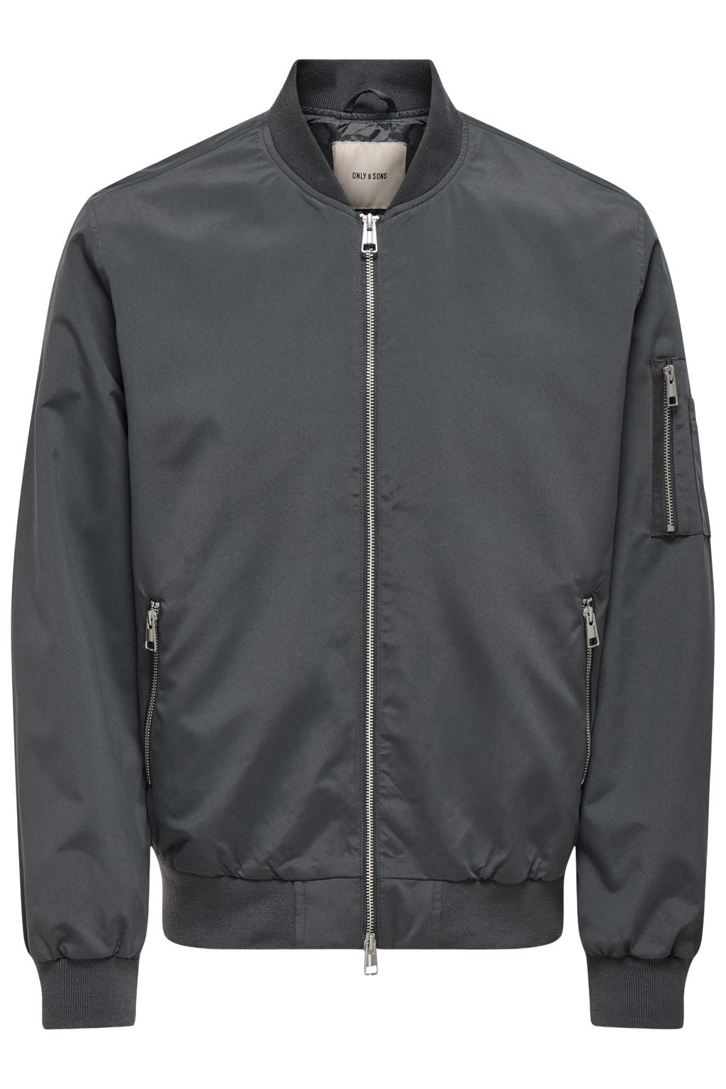 Grijze heren ONLY & SONS bomberjack van polyester met effen, lange mouwen, opstaande kraag, ritssluiting en elastische boord