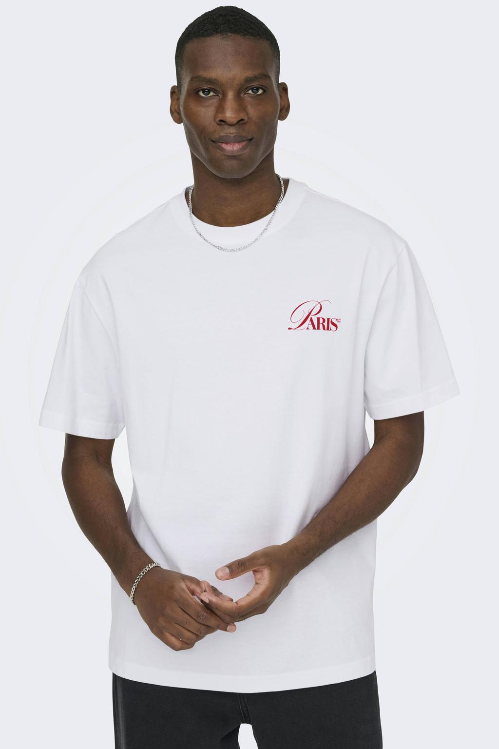 Witte heren ONLY & SONS oversized T-shirt van katoen met backprint, korte mouwen en ronde hals