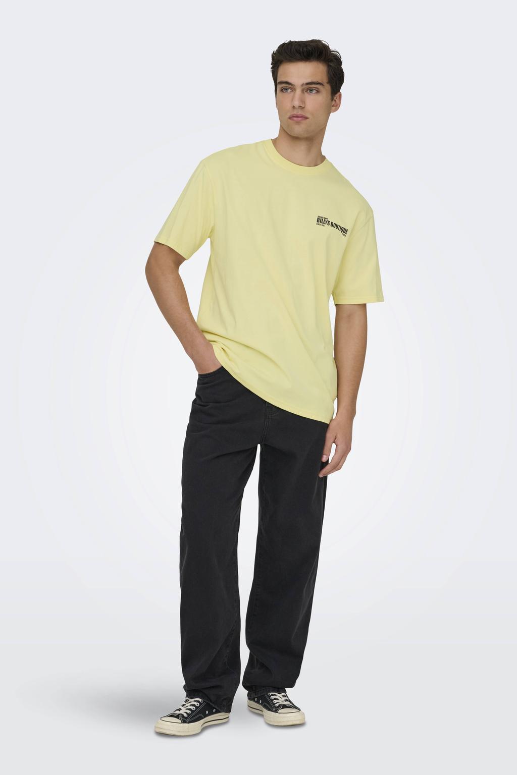 Gele heren ONLY & SONS relaxed T-shirt van katoen met backprint, korte mouwen en ronde hals