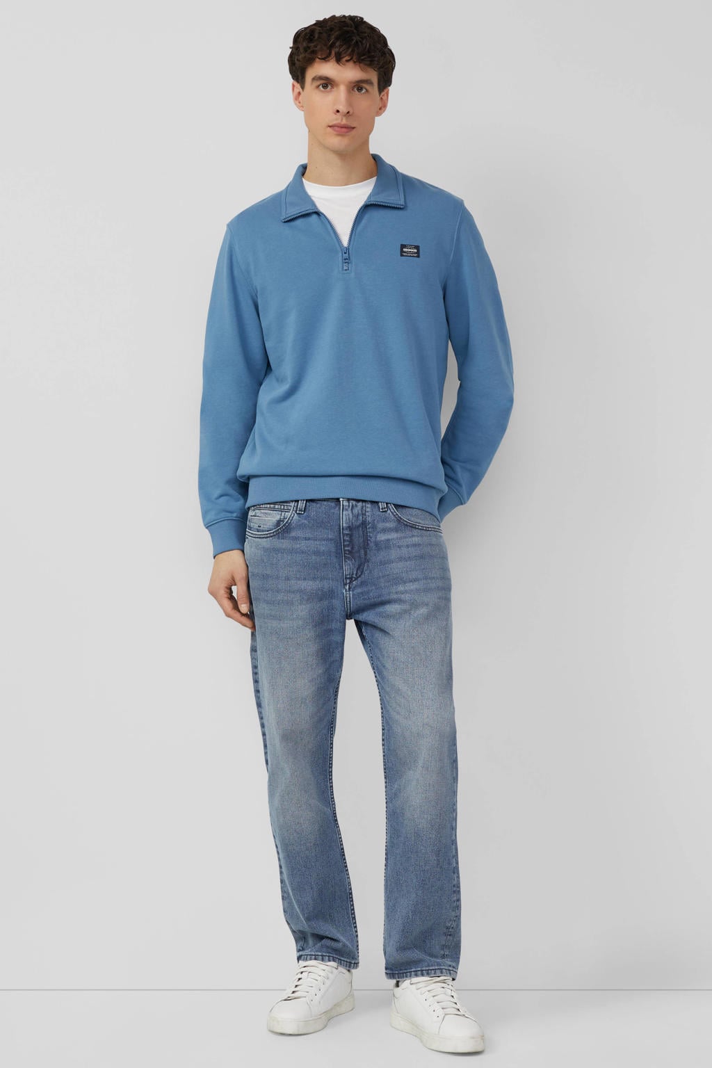 Turquoise heren s.Oliver sweater met effen, lange mouwen, opstaande kraag en halve rits