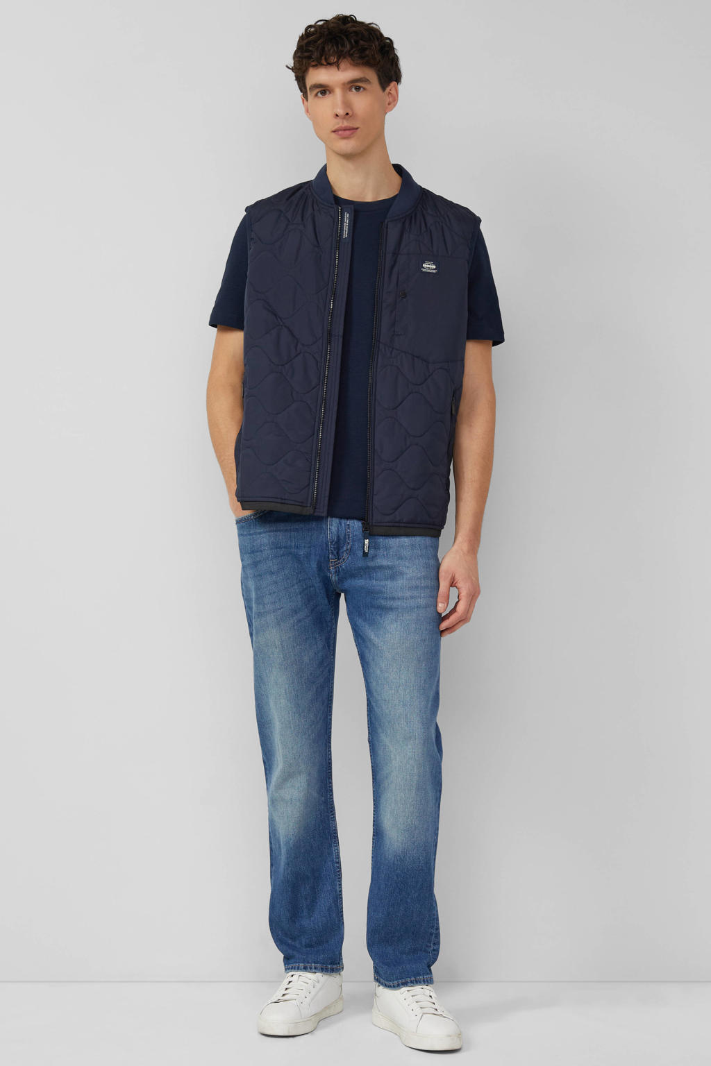 Donkerblauwe heren s.Oliver regular T-shirt van katoen met effen, korte mouwen en ronde hals
