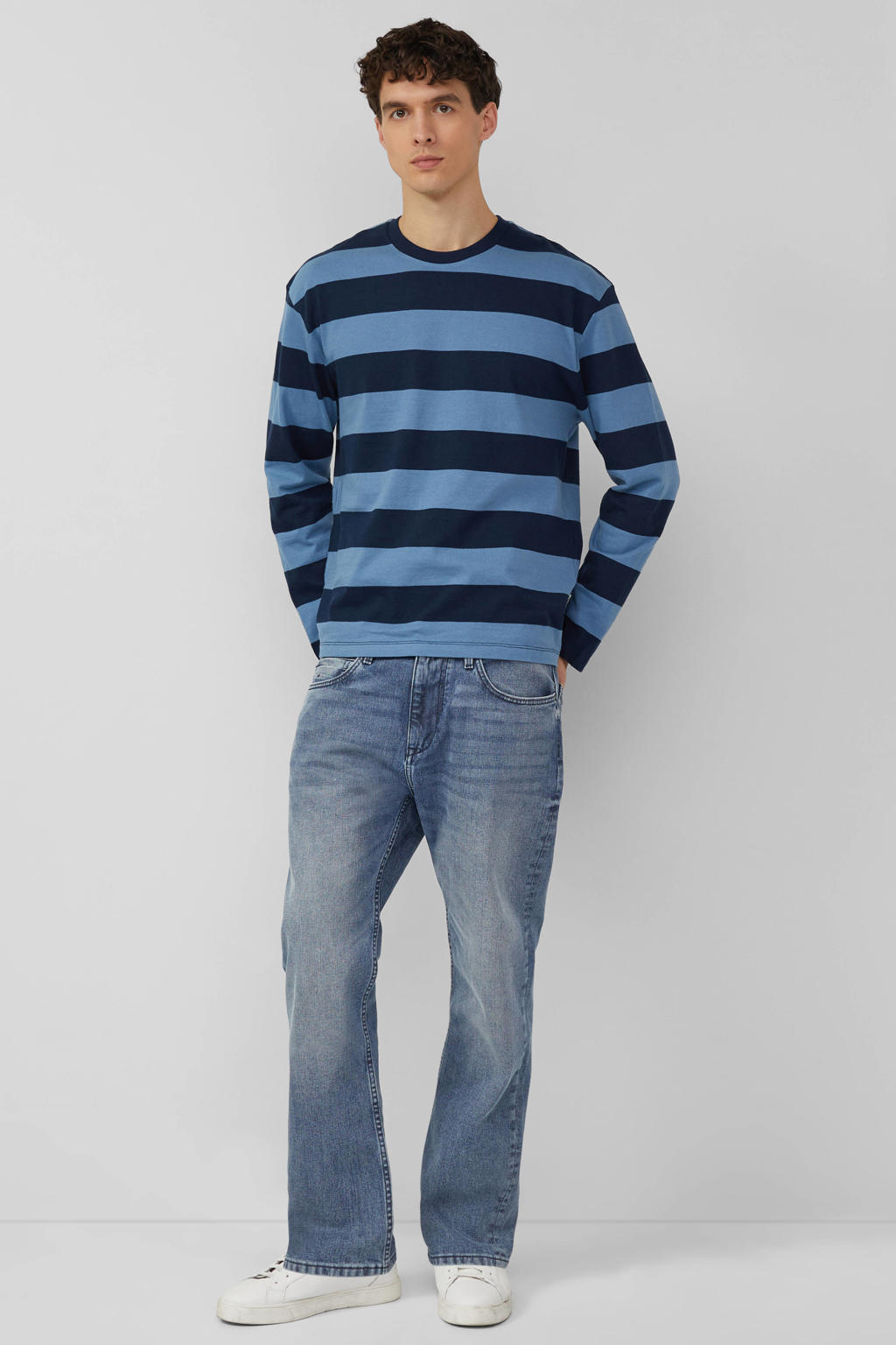 Blauwe heren s.Oliver gestreepte longsleeve van katoen met lange mouwen en ronde hals