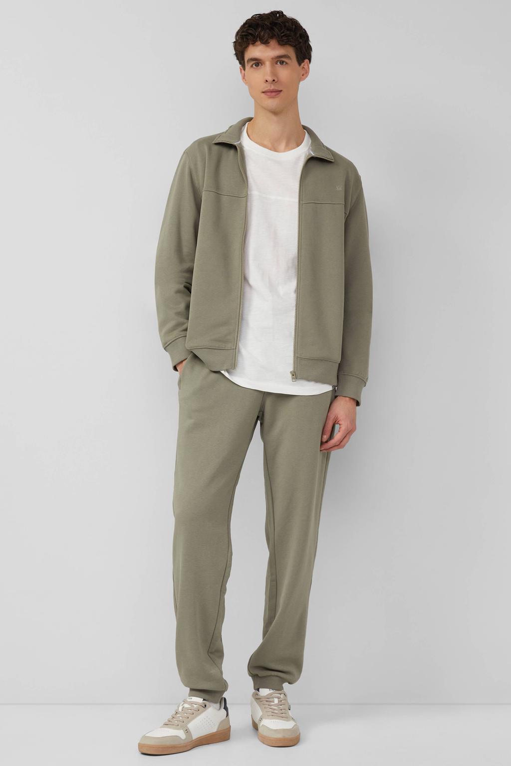 Donkergroene heren s.Oliver sweatvest met effen, lange mouwen, opstaande kraag en ritssluiting