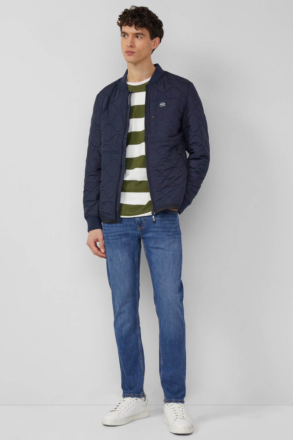 Donkergroene heren s.Oliver gestreepte longsleeve van katoen met lange mouwen en ronde hals