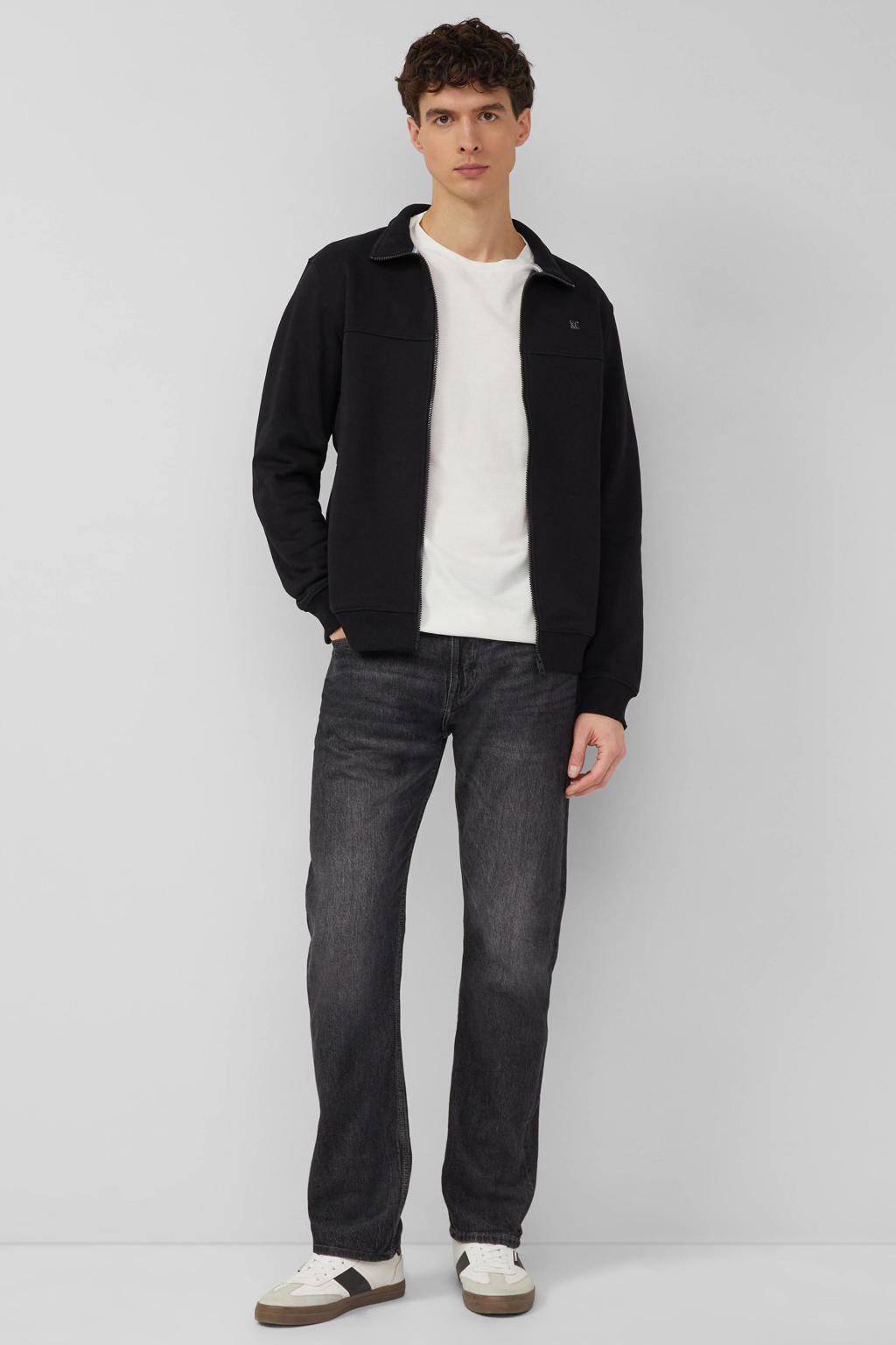 Zwarte heren s.Oliver sweatvest met effen, lange mouwen, opstaande kraag en ritssluiting
