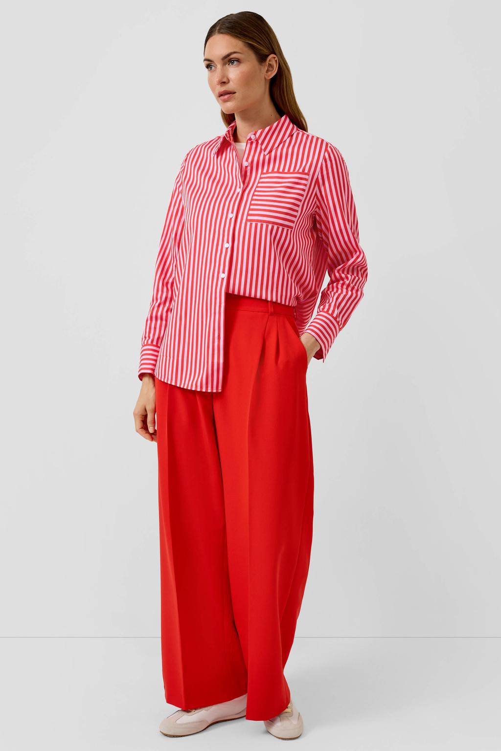 Rood en witte dames s.Oliver BLACK LABEL gestreepte blouse van katoen met lange mouwen, klassieke kraag en knoopsluiting