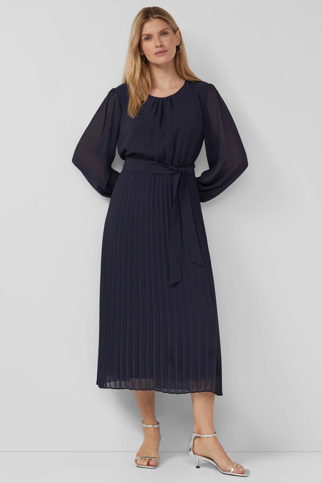 Donkerblauwe dames s.Oliver BLACK LABEL midi jurk van polyester met effen, lange mouwen en ronde hals
