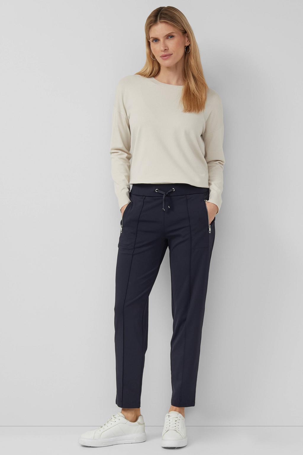 Marineblauw dames s.Oliver BLACK LABEL slim regular waist casual broek blauw van polyester met elastische tailleband met koord en effen