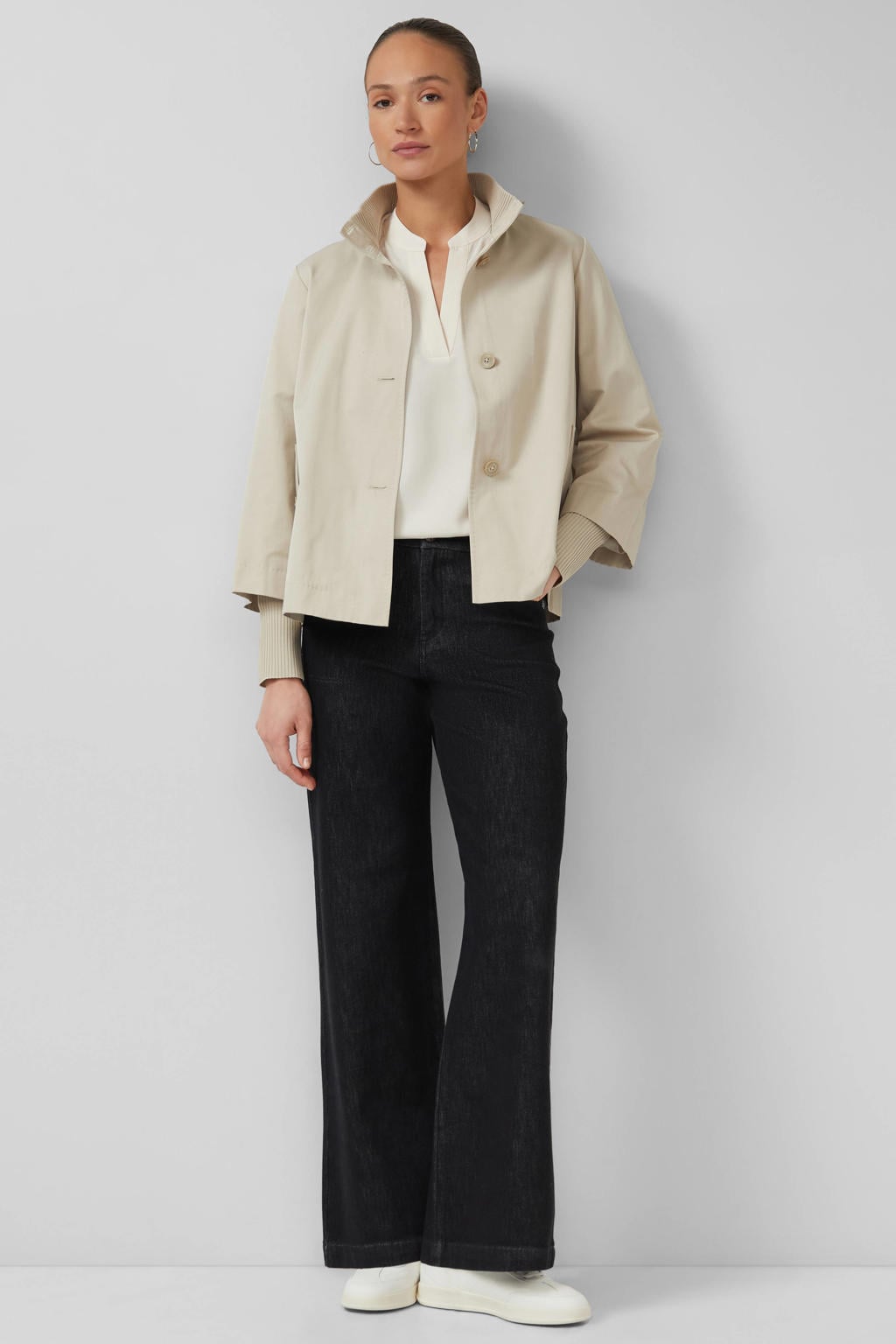 Ecru dames s.Oliver BLACK LABEL tussenjas van katoen met effen, lange mouwen en opstaande kraag