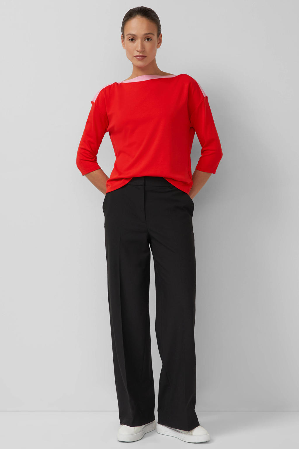 Rood en roze dames s.Oliver BLACK LABEL trui fijn gebreid van viscose met effen, lange mouwen en boothals