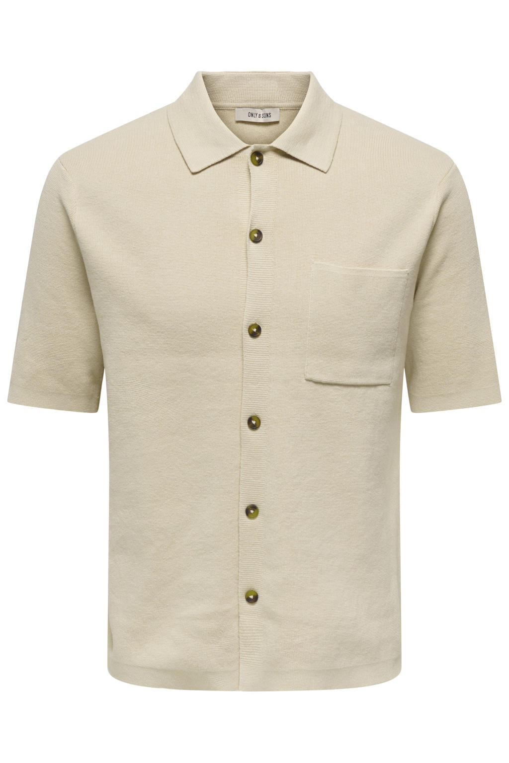 Beige heren ONLY & SONS regular casual overhemd gebreid van katoen met effen, korte mouwen, klassieke kraag en knoopsluiting