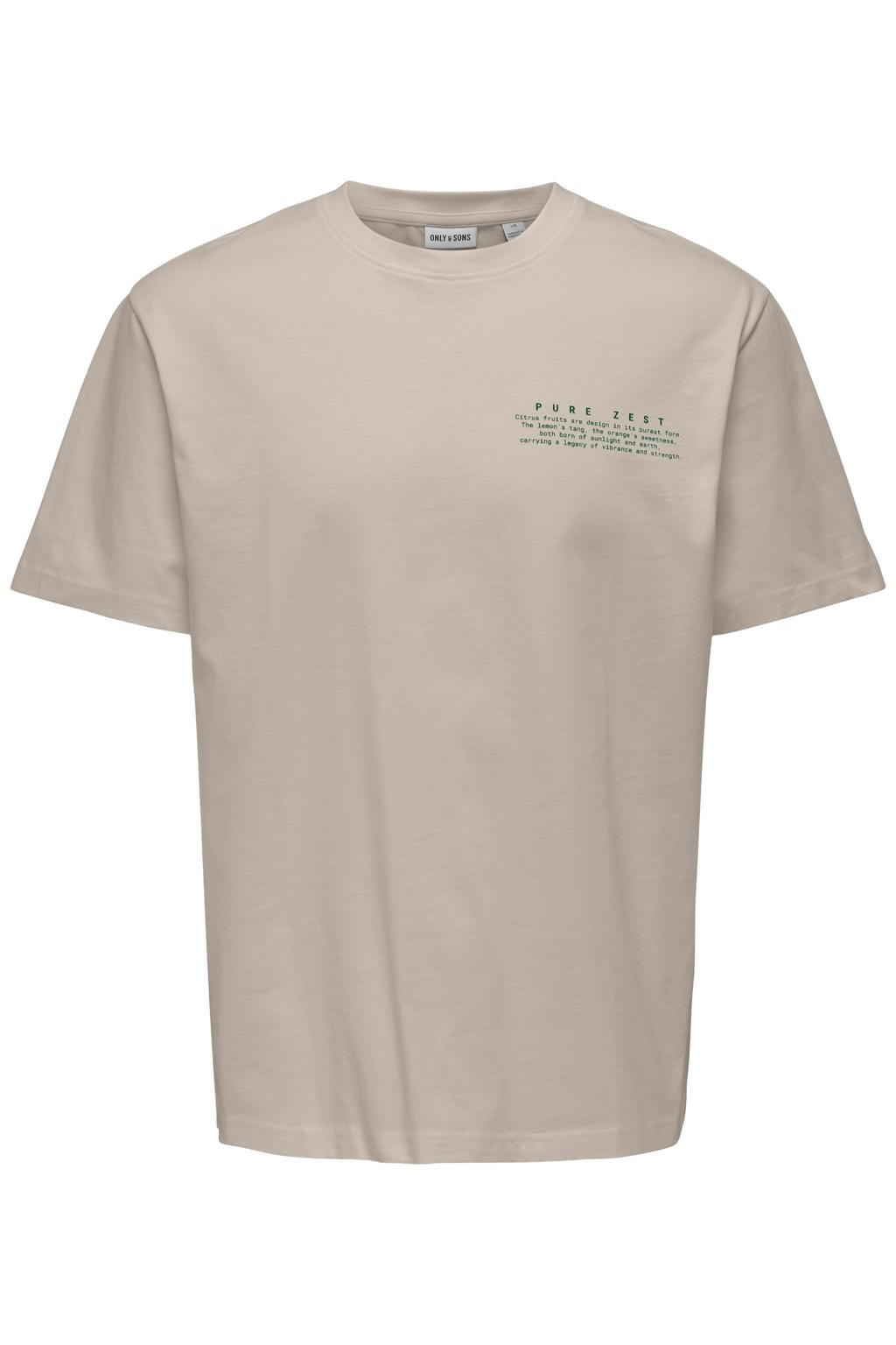 Taupe heren ONLY & SONS relaxed T-shirt van katoen met backprint, korte mouwen en ronde hals