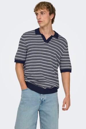 regular gestreepte polo met ingebreid patroon donkerblauw