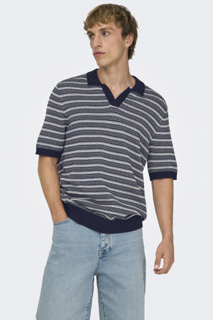 regular gestreepte polo met ingebreid patroon donkerblauw