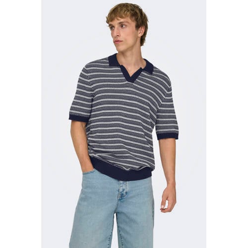 ONLY & SONS regular gestreepte polo met ingebreid patroon donkerblauw afbeelding
