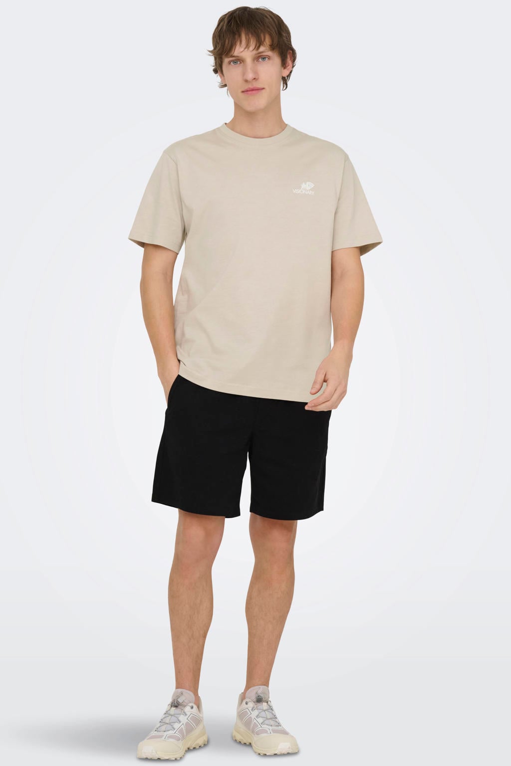 Beige heren ONLY & SONS relaxed T-shirt van katoen met backprint, korte mouwen en ronde hals