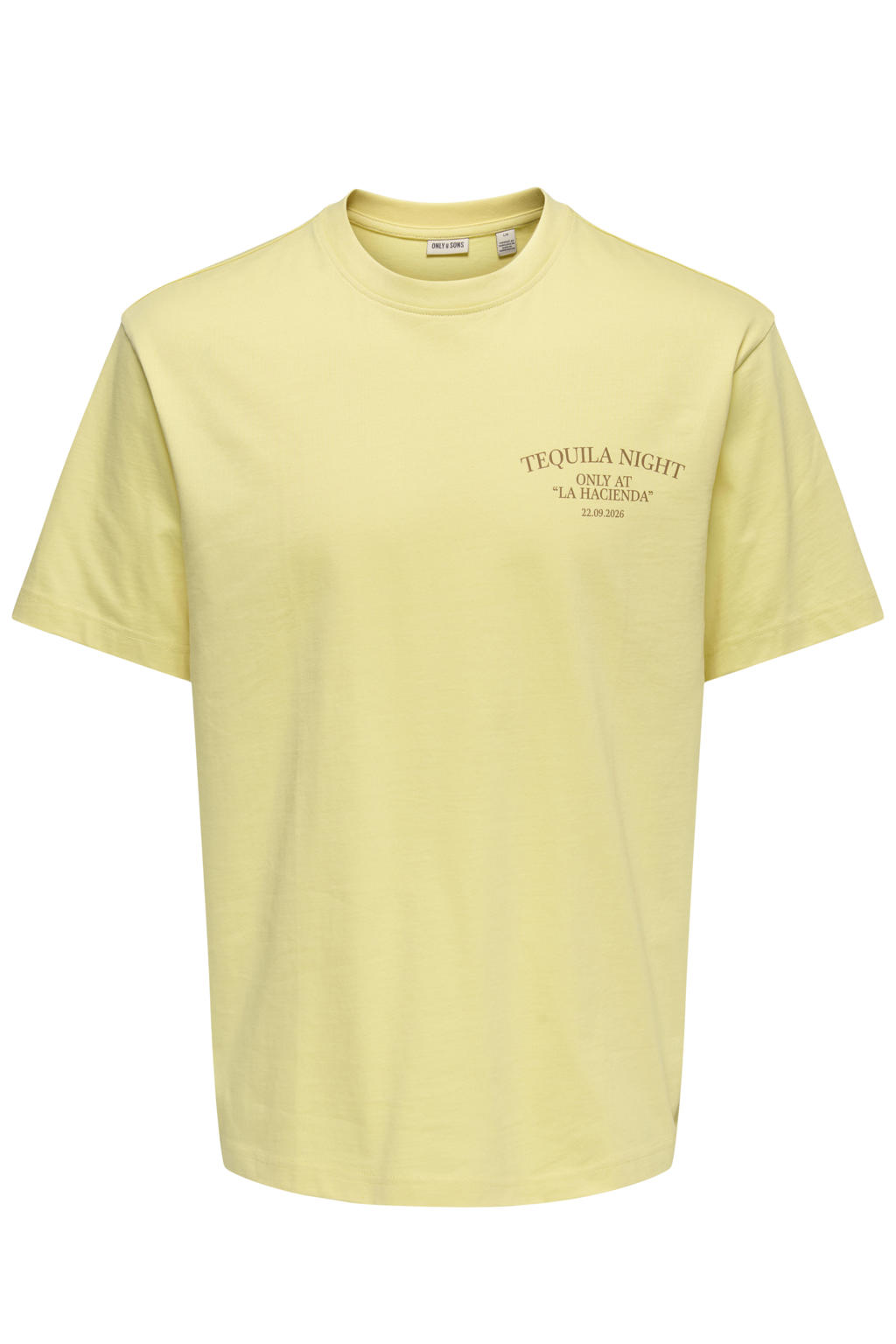 Gele heren ONLY & SONS relaxed T-shirt van katoen met backprint, korte mouwen en ronde hals