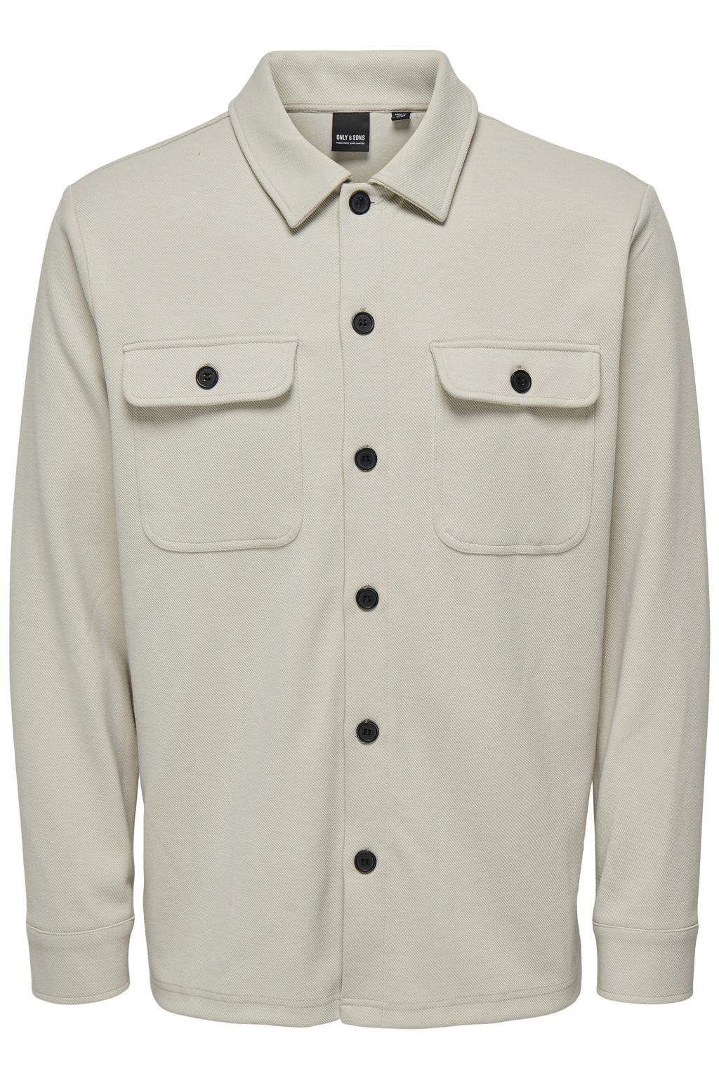 Beige heren ONLY & SONS overshirt van polyester met effen, lange mouwen, klassieke kraag en knoopsluiting