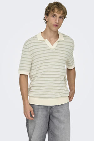 regular gestreepte polo met ingebreid patroon ecru