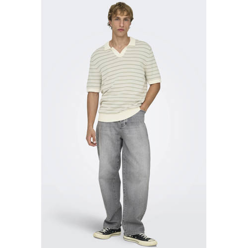 ONLY & SONS regular gestreepte polo met ingebreid patroon ecru afbeelding