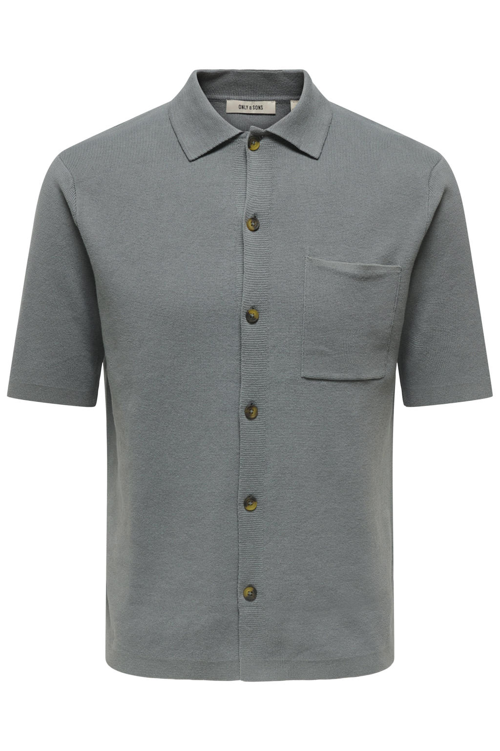 Grijze heren ONLY & SONS regular casual overhemd gebreid van katoen met effen, korte mouwen, klassieke kraag en knoopsluiting