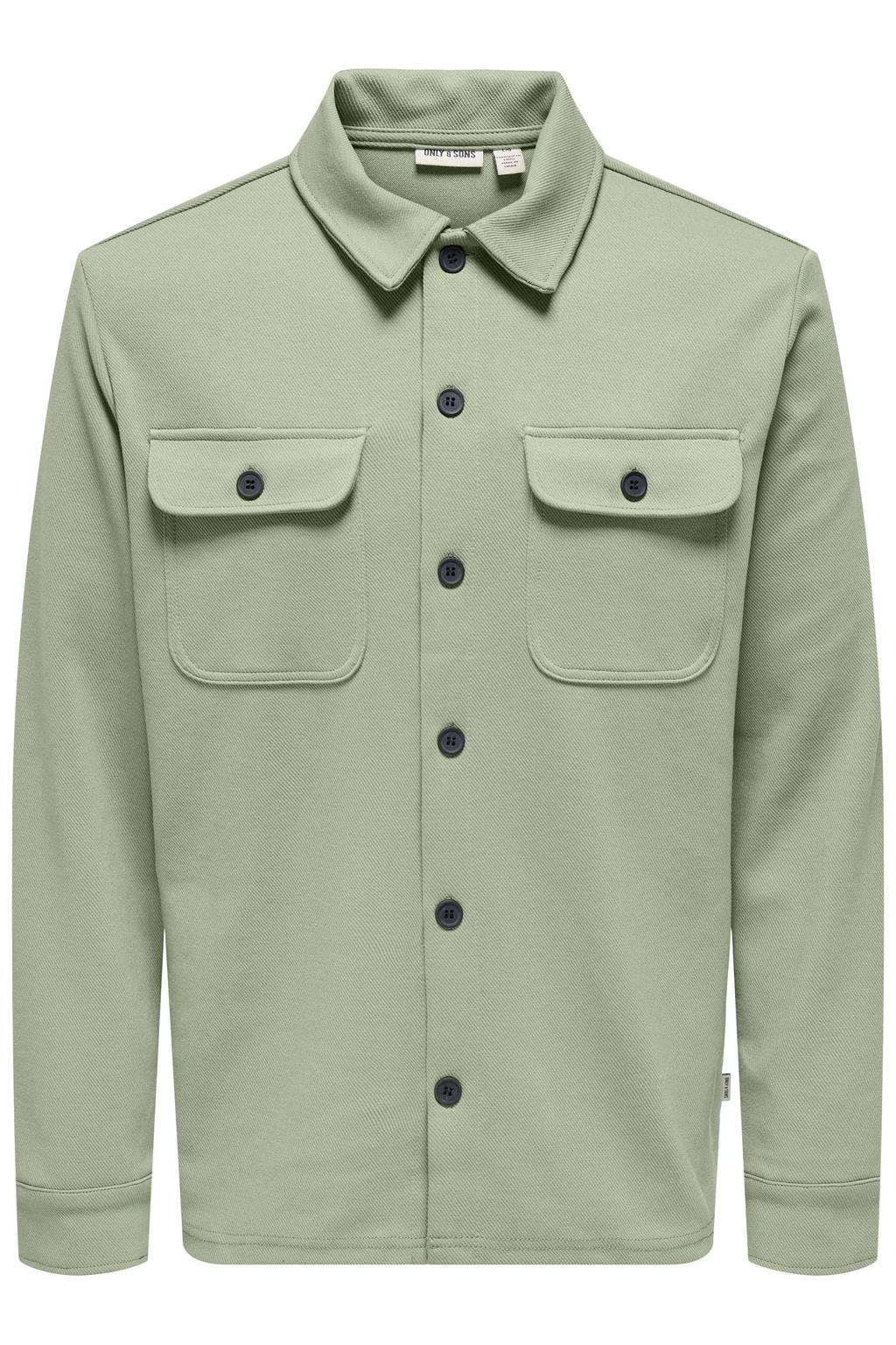 Groene heren ONLY & SONS overshirt van polyester met effen, lange mouwen, klassieke kraag en knoopsluiting