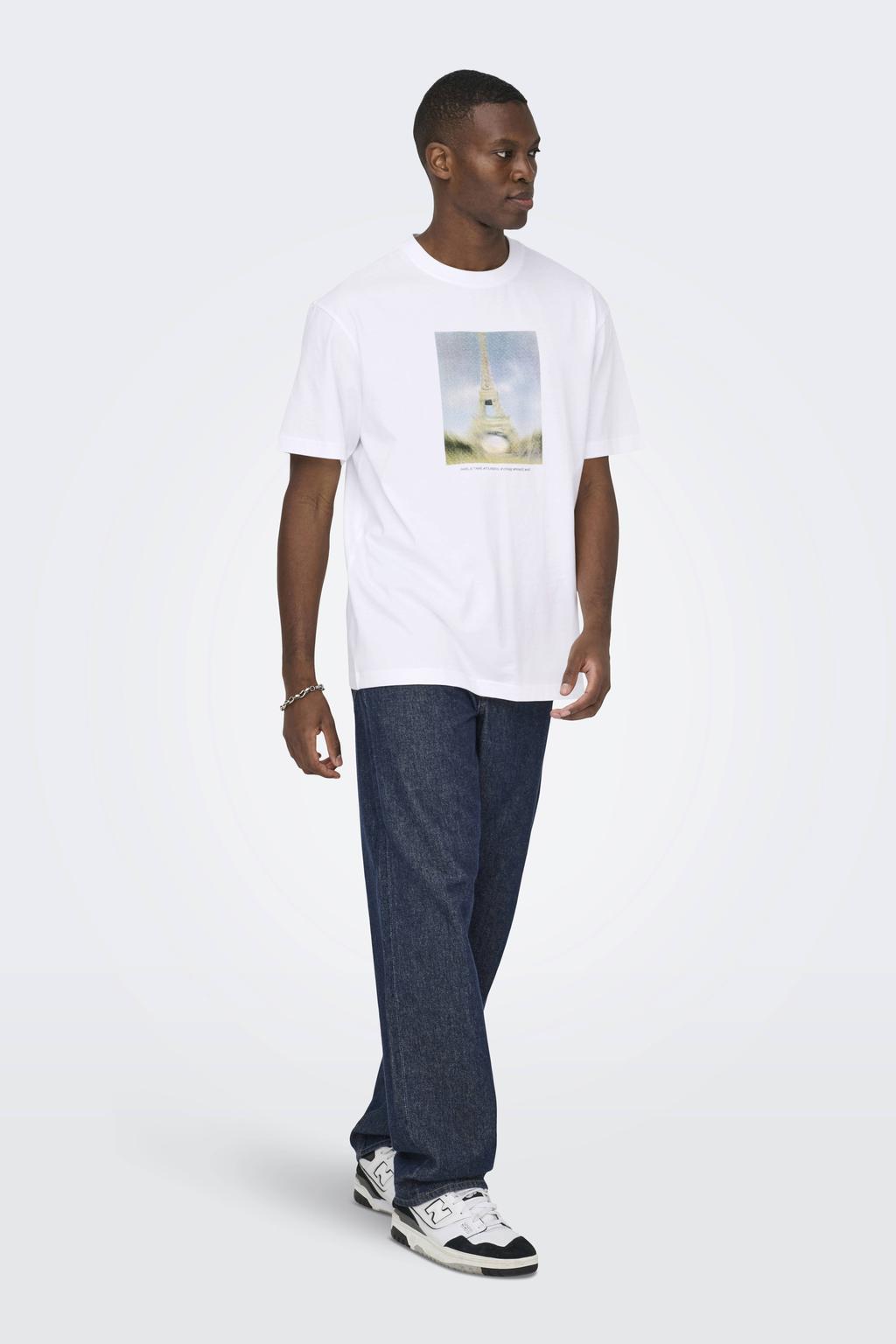 Witte heren ONLY & SONS relaxed T-shirt van katoen met printopdruk, korte mouwen en ronde hals
