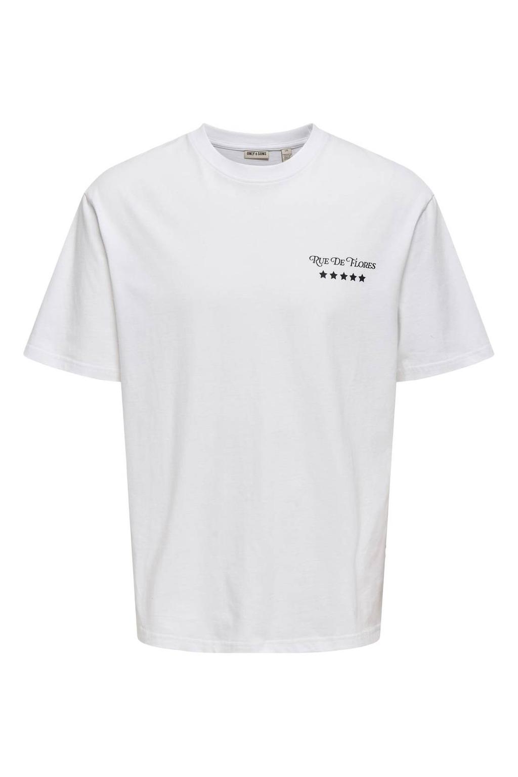 Witte heren ONLY & SONS relaxed T-shirt van katoen met backprint, korte mouwen en ronde hals