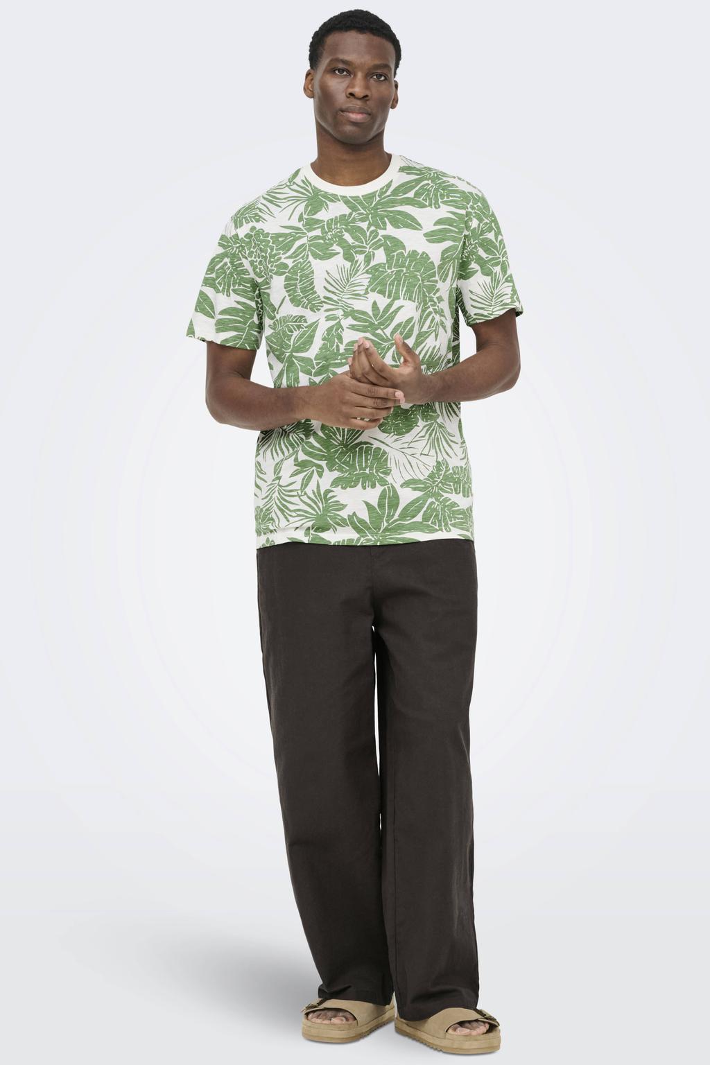 Groene heren ONLY & SONS regular T-shirt van katoen met korte mouwen en ronde hals