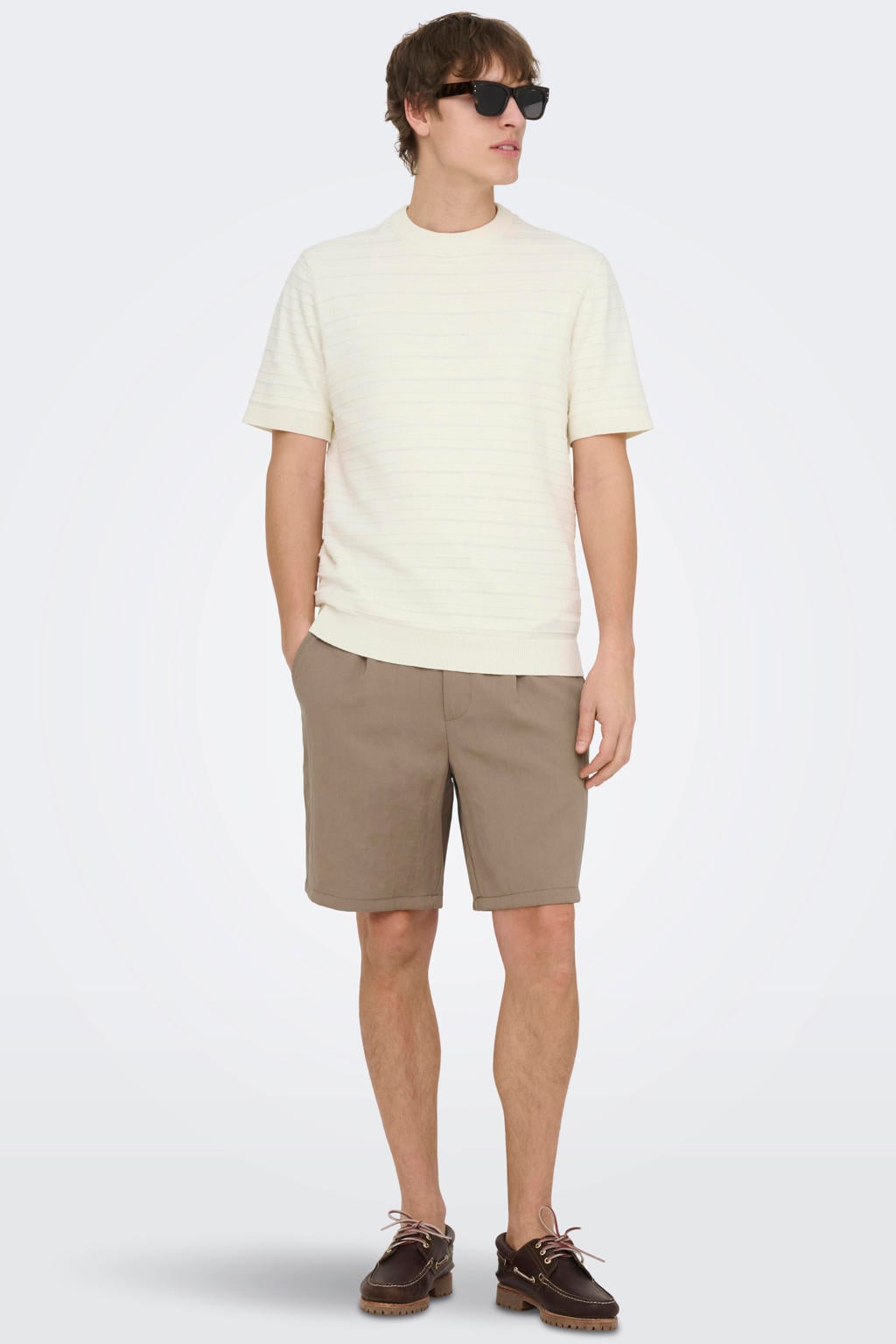 Ecru heren ONLY & SONS regular T-shirt gebreid van katoen met melée print, korte mouwen en ronde hals