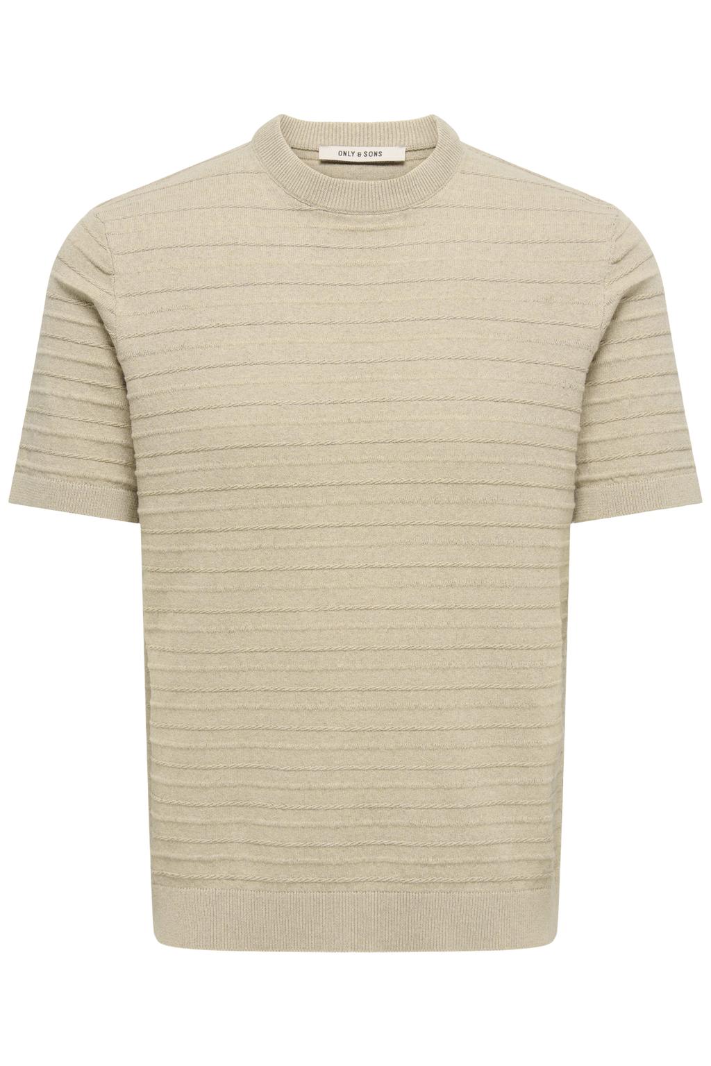 Beige heren ONLY & SONS regular T-shirt gebreid van katoen met melée print, korte mouwen en ronde hals