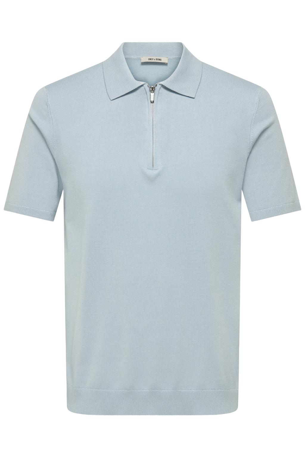 Lichtblauwe heren ONLY & SONS regular polo fijn gebreid van viscose met effen, korte mouwen en halve rits