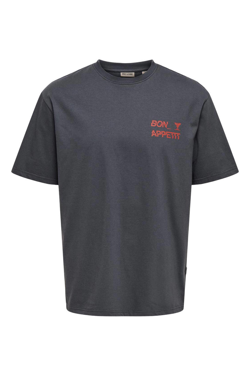 Antraciete heren ONLY & SONS relaxed T-shirt van katoen met backprint, korte mouwen en ronde hals